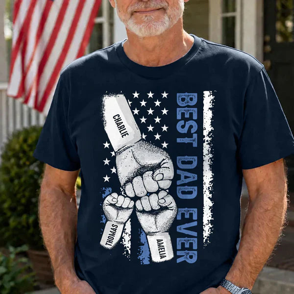 Personalized Classic Tee with Dad & Kids Fist Bump, Flag Style, Unique Gift for Dad