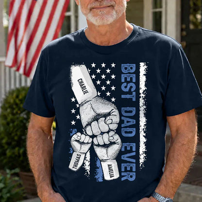 Personalized Classic Tee with Dad & Kids Fist Bump, Flag Style, Unique Gift for Dad