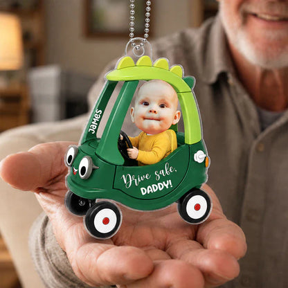 Personalized Acrylic Car Hanger With Baby Driving Green Cartoon Car, Unique Creative Gift For Dad