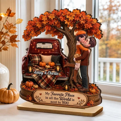 Personalized 2-Layer Wooden Plaque, Kissing Couple by Vintage Truck in Autumn, Unique Gift for Partner