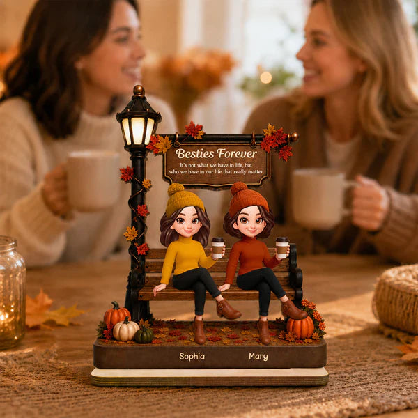 Personalized 2-Layer Wooden Plaque, Fall Besties Sitting Under Lamp Post, Unique Gift for Friend