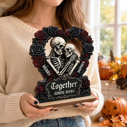 Personalized 2-Layer Wooden Plaque, Gothic Skeleton Couple With Roses, Unique Halloween Gift For Couple