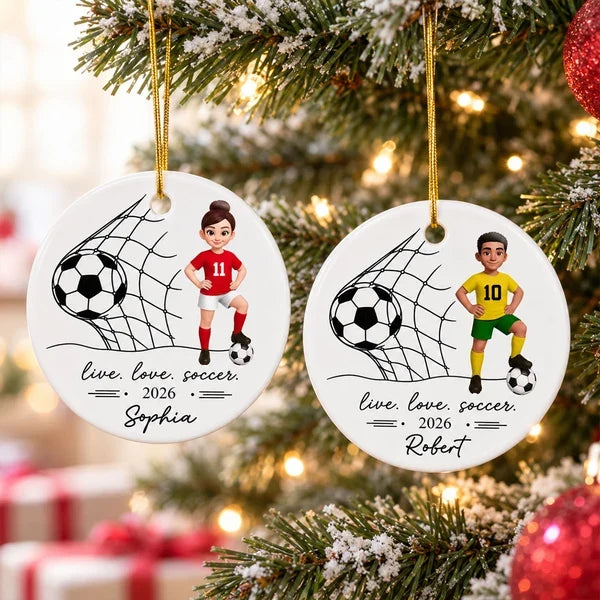 Ceramic Ornament, Cartoon Soccer Girl Posing by Goal, Personalized Keepsake, Creative Christmas Gift for Soccer Player