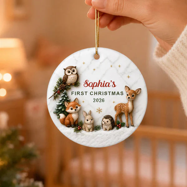 Ceramic Ornament, Personalized First Christmas Woodland Animals, Unique Gift for Baby & Family
