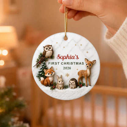 Ceramic Ornament, Personalized First Christmas Woodland Animals, Unique Gift for Baby & Family