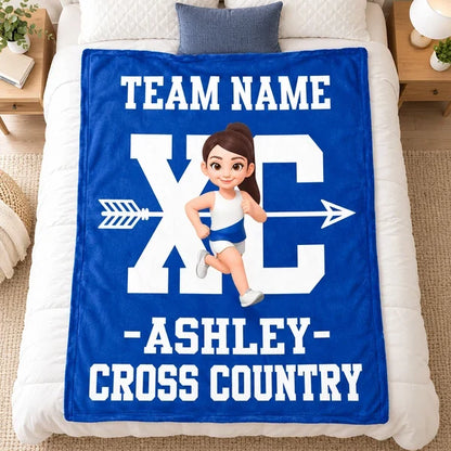 Personalized Cross Country Fleece Blanket, Red Cartoon Runner Design, Unique Gift for Runners