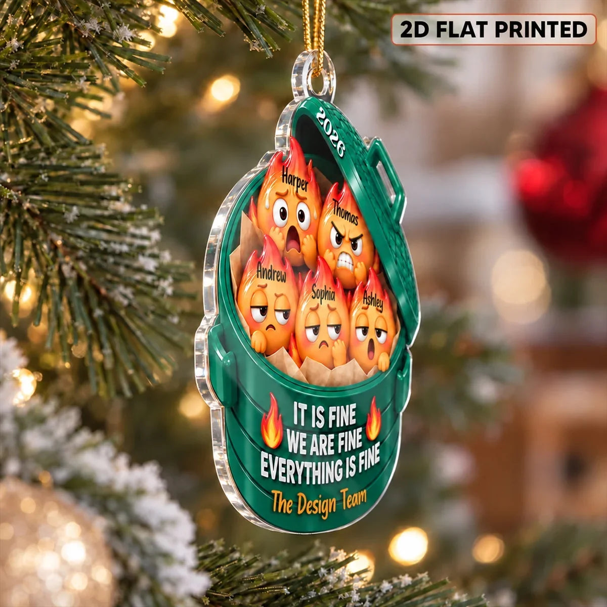 Personalized Dumpster Fire Acrylic Ornament, Cute Cartoon Team Scene, Unique Christmas Gift for Coworkers
