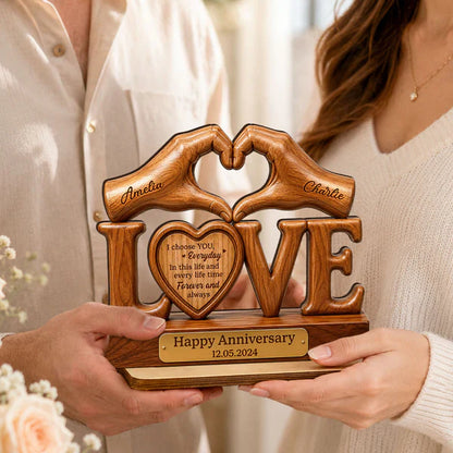 Personalized 2-Layer Wooden Plaque for Couple, Heart Hands Anniversary Unique Creative Gift