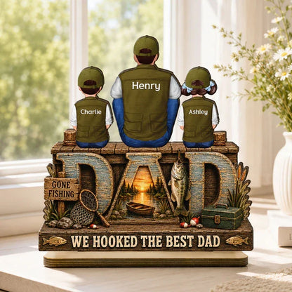 Personalized Layered Wooden Plaque For Fishing Dad, Family Sitting By The Lake, Unique Gift