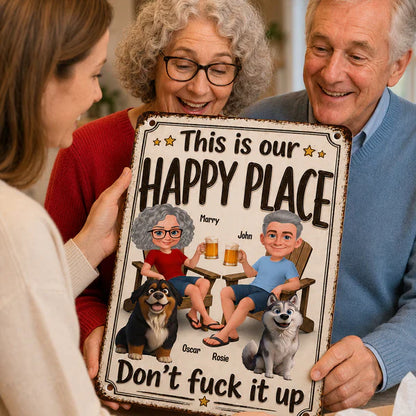 Personalized Rectangular Iron Sign, Vintage Happy Place Couple & Dogs, Unique Creative Gift for Home