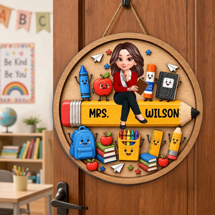 Personalized Wooden Sign with Seated Teacher and Cute School Supplies, Colorful Classroom Decor, Unique Teacher Gift