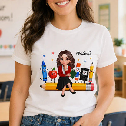 Personalized Teacher Classic Tee With Cartoon School Supplies, Unique Back to School Gift