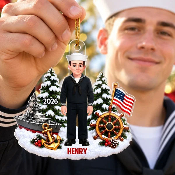 Personalized Acrylic Ornament, Standing Cartoon Navy Sailor in Snowy Scene, Unique Christmas Gift for Service Members