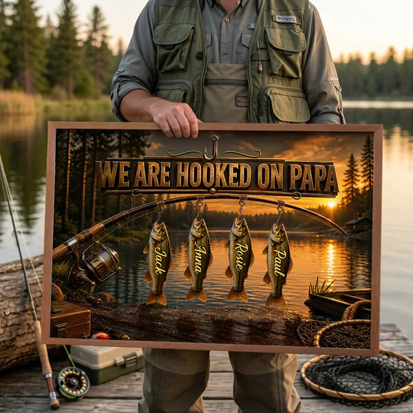 Fishing Rod Sunset Lake Poster, We Are Hooked On Papa, Unique Gift For Dad