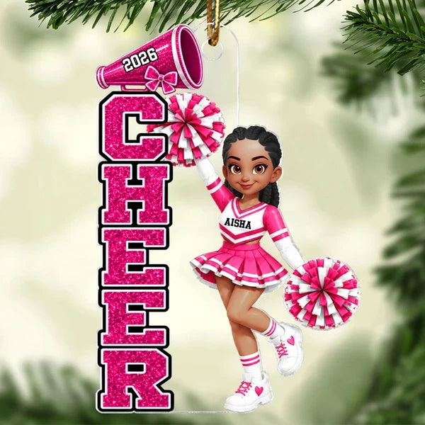 Custom Acrylic Ornament, Cheerleader with Raised Pom-Poms, Red & Pink Christmas Tree Decor, Creative Gift for Cheerleaders