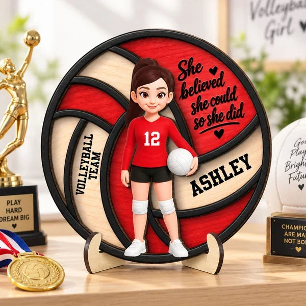 Personalized 2-Layer Wooden Plaque, She Believed She Believed She Could Volleyball Plaque, Creative Gift for Daughter