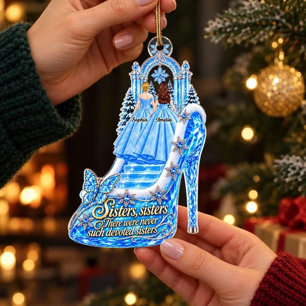 Personalized Acrylic Ornament, Sisters Standing by a Snowy Palace in a Princess Heel, Unique Christmas Gift for Sister