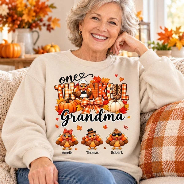 Grandma Sweatshirt with Autumn Turkeys, Pumpkins and Leaves, Personalized Heartwarming Creative Gift for Thanksgiving