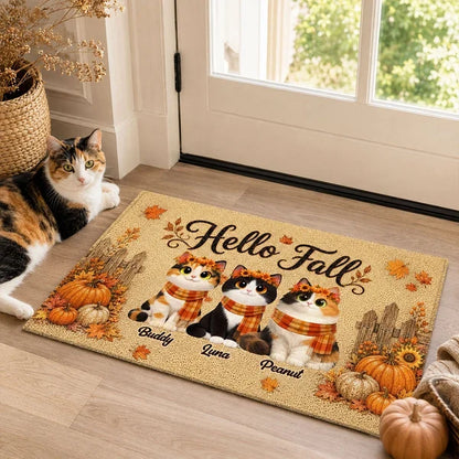 Personalized Standard Doormat with Sitting Cats, Pumpkins and Leaves, Creative Housewarming Gift for Pet Owners