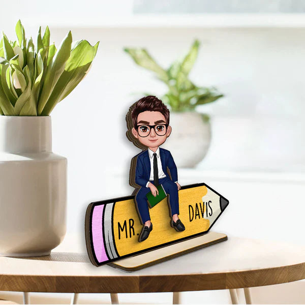 Personalized 2-Layer Wooden Plaque, Cartoon Teacher On Pencil, Unique Gift For Classroom Desk