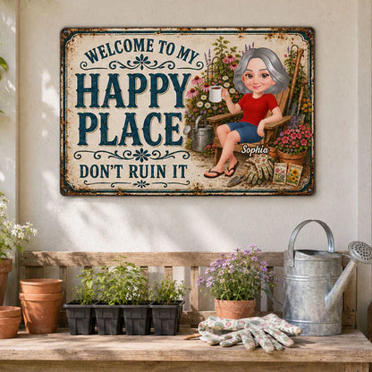 Personalized Rectangular Iron Sign with Relaxing Gardener, Vintage Happy Place Decor, Unique Gift for Mom