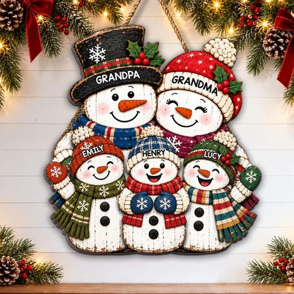 Personalized Wooden Sign with Colorful Snowman Family, Christmas Decor, Unique Gift for Grandparents