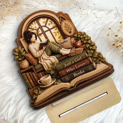 Personalized Wooden Plaque for Book Lover, Girl Reading in Cozy Window Nook, Unique Creative Gift