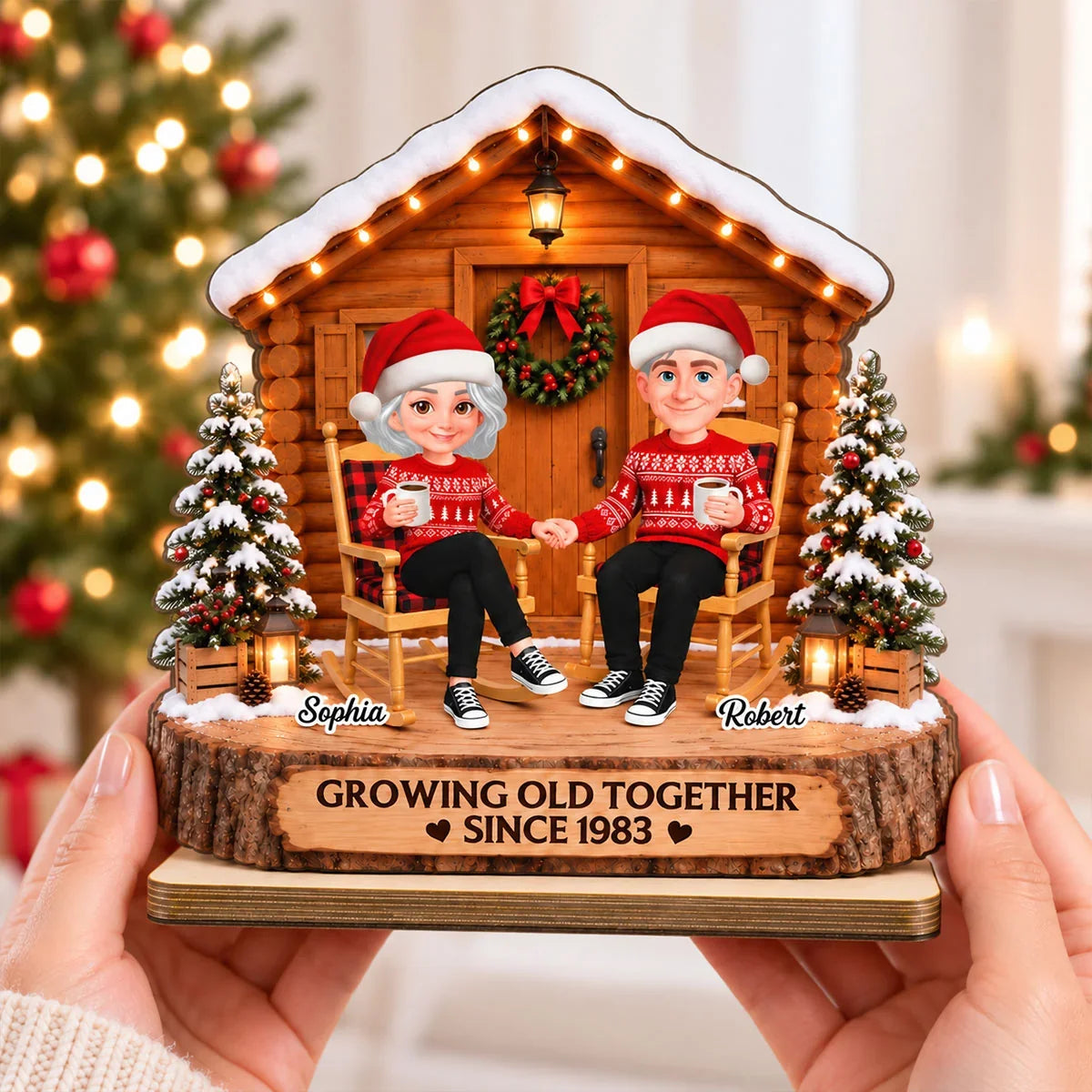 Personalized 2-Layer Wooden Plaque, Couple Holding Hands by a Christmas Cabin, Unique Anniversary Gift