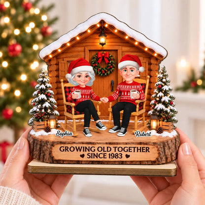 Personalized 2-Layer Wooden Plaque, Couple Holding Hands by a Christmas Cabin, Unique Anniversary Gift