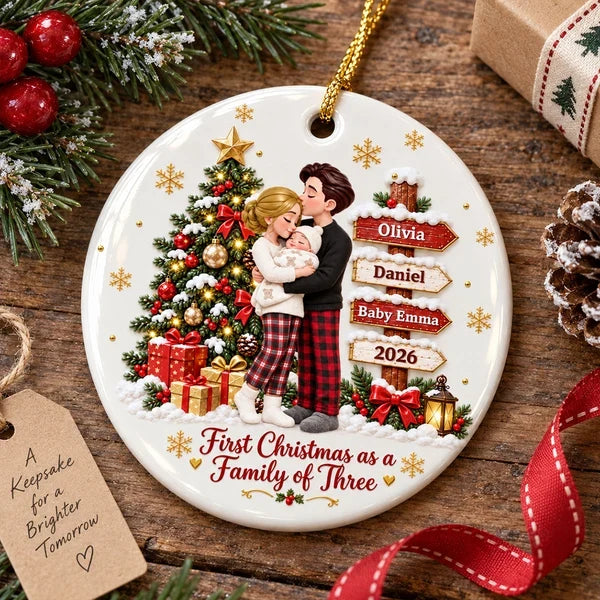 Personalized First Christmas Ceramic Ornament, Parents Cuddling Baby by a Christmas Tree, Creative Gift for New Parents