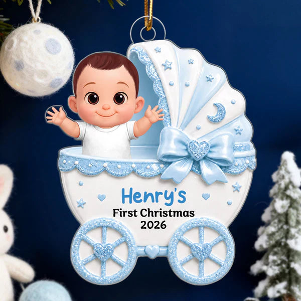 Personalized Acrylic Ornament, Waving Baby in Stroller on Christmas Tree, Unique Creative Gift for New Parents