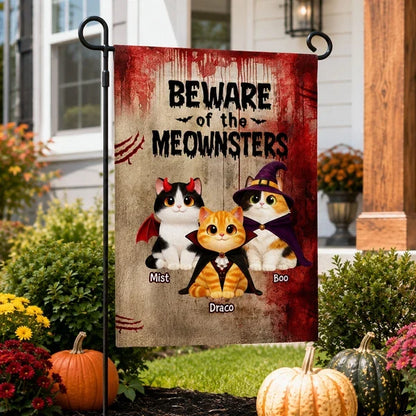 Personalized Garden Flag, Beware of the Meownsters Costume Cats, Red Vintage Halloween Decor, Unique Gift for Cat Lovers