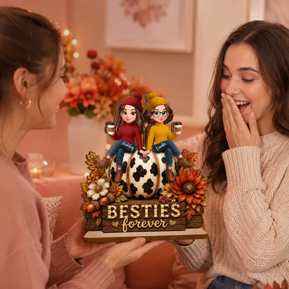 Personalized 2-Layer Wooden Plaque with Friends on Pumpkin, Autumn Coffee Decor, Unique Gift for Close Friend