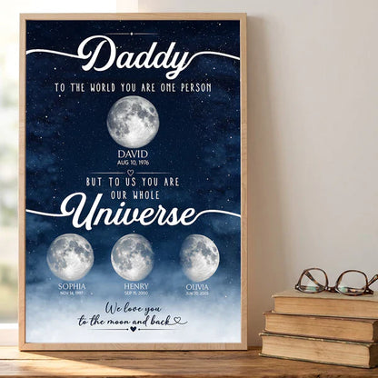 Daddy You Are Our Universe Poster, Custom Moon Wall Art, Heartwarming Creative Gift for Dad