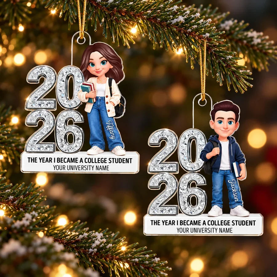 Personalized Acrylic Ornament, College Student Holding Books, Unique Christmas Gift for Freshman
