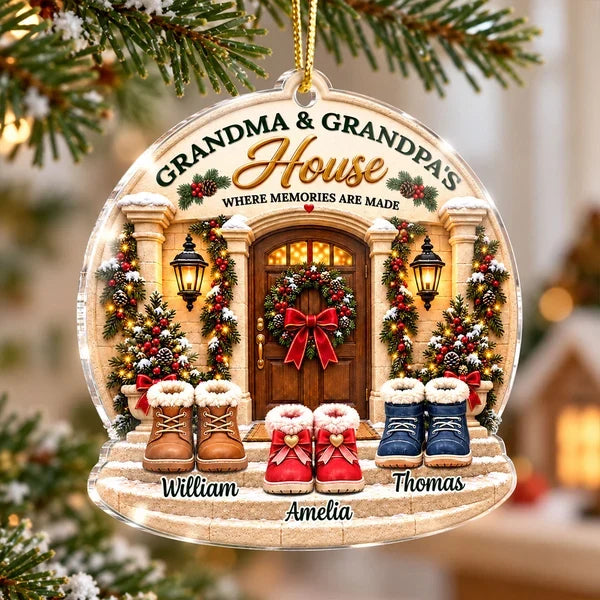 Personalized Acrylic Ornament, Snowy Grandparents' House with Kids' Boots, Unique Christmas Gift
