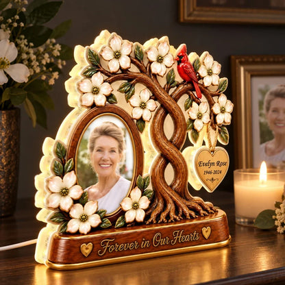 Personalized Acrylic Light Box with Memorial Photo, Flowering Family Tree and Cardinal, Unique Sympathy Gift for Family