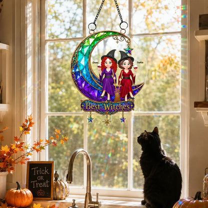 Personalized Acrylic Suncatcher Ornament, Witch Friends On Moon, Unique Halloween Gift For Friends