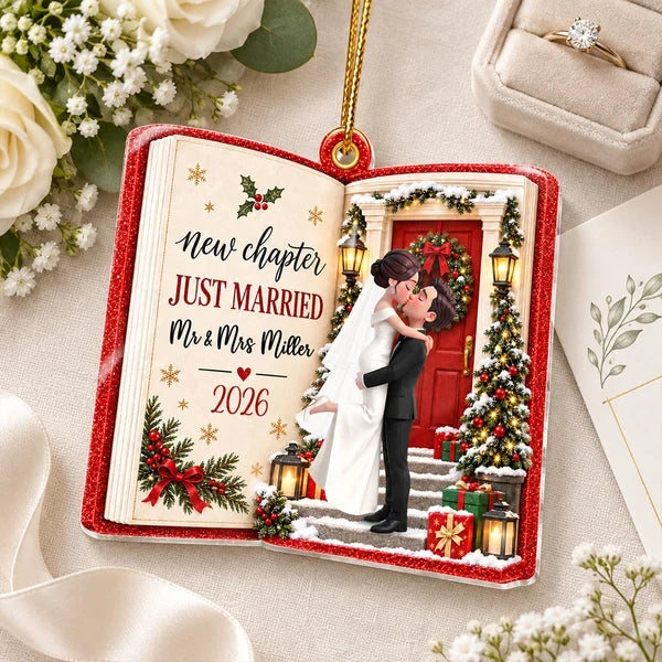 Personalized Acrylic Ornament, Kissing Newlyweds at a Snowy Door, Unique Christmas Gift for a Couple