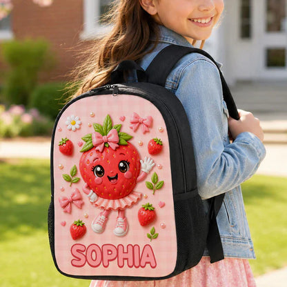 Personalized Kids School Backpack, Strawberry & Banana Cartoon Design, Unique Creative Gift for Kids