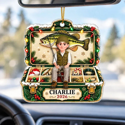 Personalized Acrylic Ornament, Green and Gold Cartoon Angler Holding a Fishing Rod, Unique Christmas Gift for Dad or Grandpa
