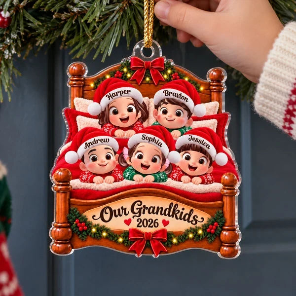 Personalized Acrylic Ornament with Smiling Grandkids in a Christmas Bed, Unique Keepsake Gift for Grandma & Grandpa