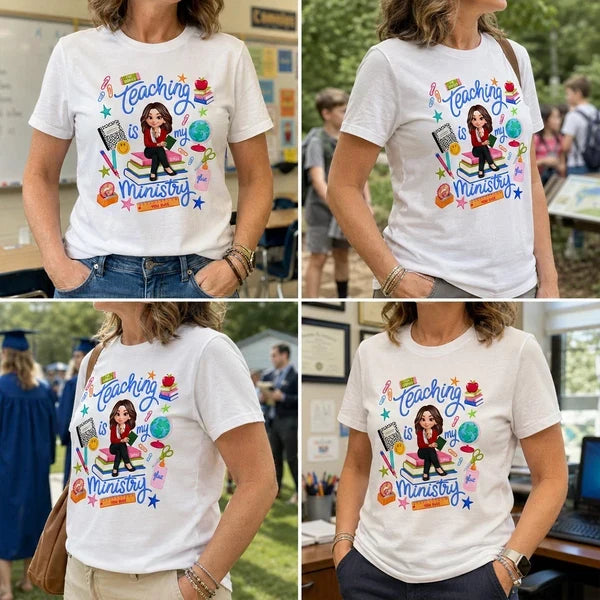 Personalized Teaching Is My Ministry Classic Tee, Creative Teacher Gift With Bright Classroom Art