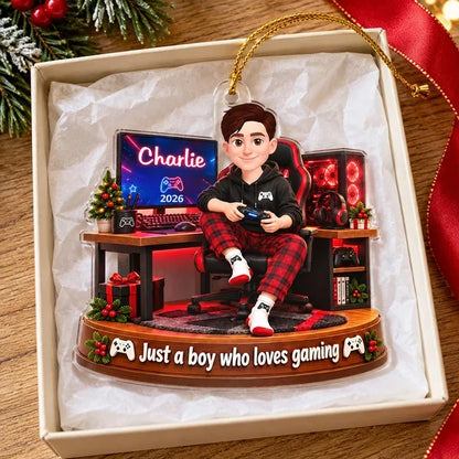 Personalized Acrylic Ornament, Red and Black Cartoon Boy Gaming at Desk, Unique Christmas Gift for Son