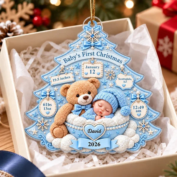 Baby's First Christmas Acrylic Ornament, Sleeping Baby and Teddy Bear Keepsake, Personalized Creative Gift for Family