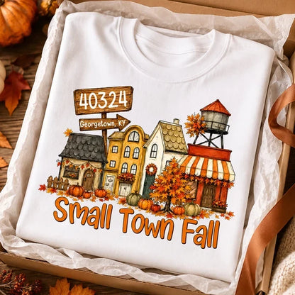 Custom Classic Tee, Nostalgic Fall Town Illustration, Creative Gift for Travelers & Friends