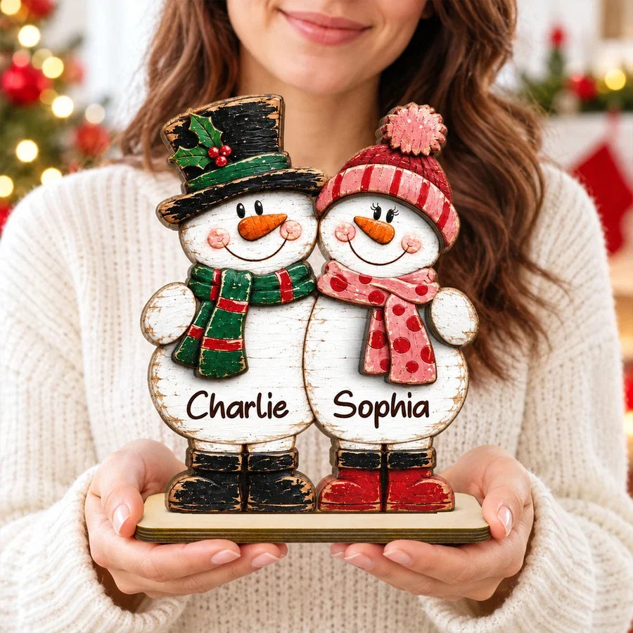 Personalized 2-Layer Wooden Plaque, Rustic Snowman Couple Standing Together, Unique Christmas Gift for Couples