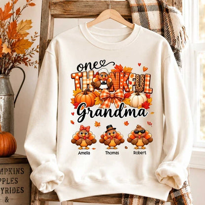 Grandma Sweatshirt with Autumn Turkeys, Pumpkins and Leaves, Personalized Heartwarming Creative Gift for Thanksgiving