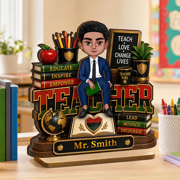Personalized Wooden Plaque for Teacher, Sitting Classroom Illustration, Unique Creative Gift for Educators