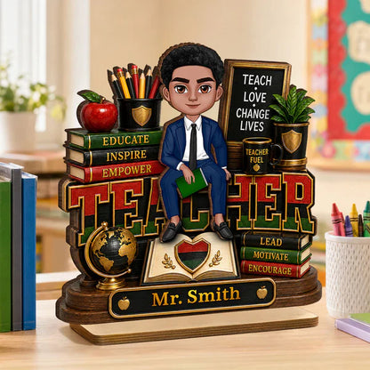 Personalized Wooden Plaque for Teacher, Sitting Classroom Illustration, Unique Creative Gift for Educators
